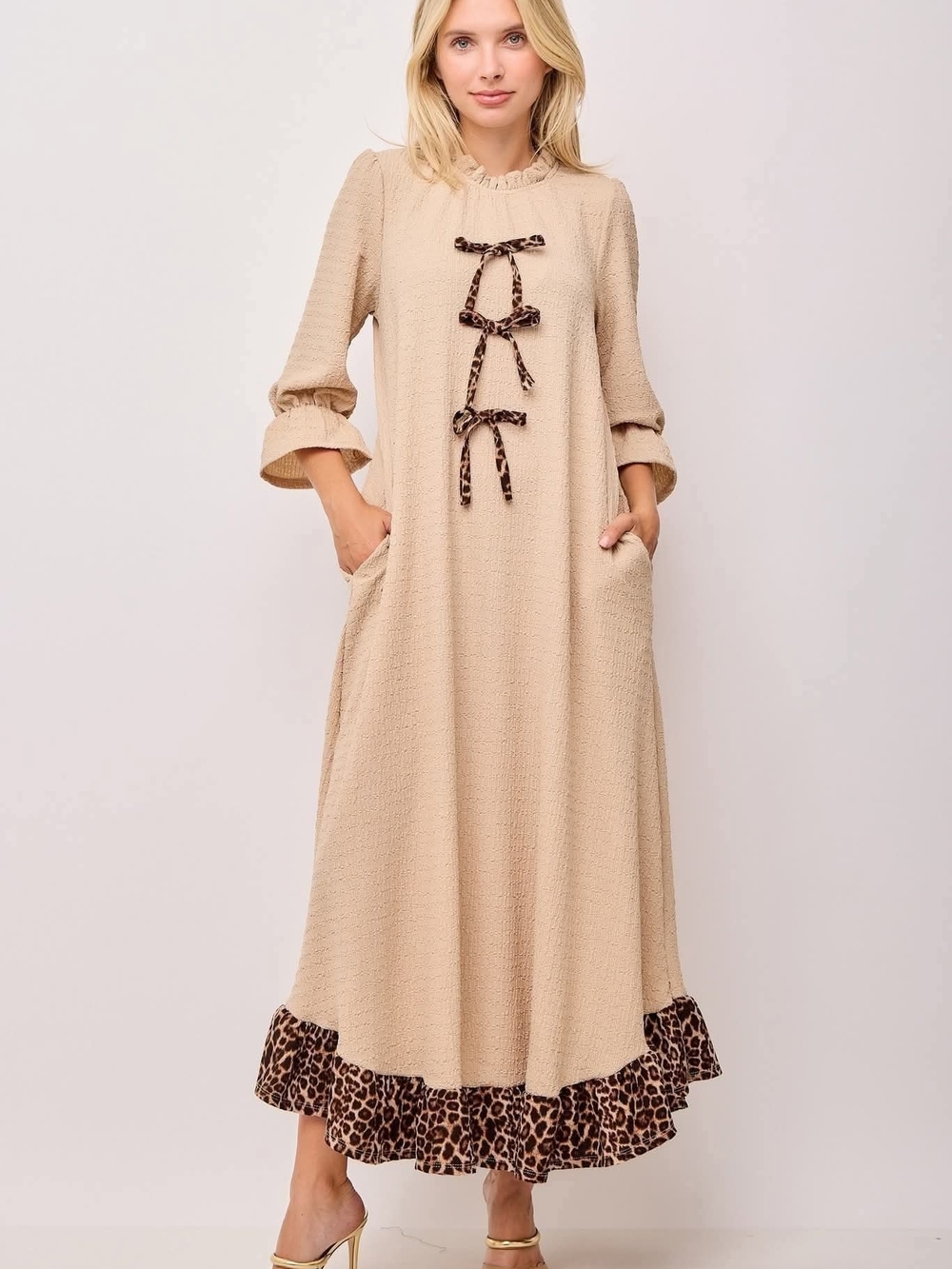 Celeste Beige Maxi Dress with Leopard Trim